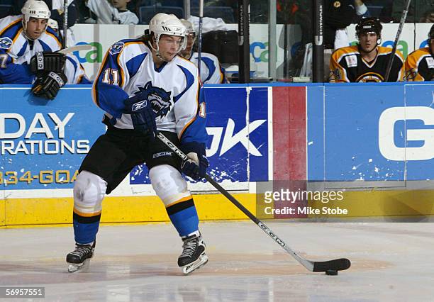 Robert Nilsson of the Bridgeport Sound Tigers skates with the puck against the Providence Bruins at the Arena at Harbor Yard on February 4, 2006 in...