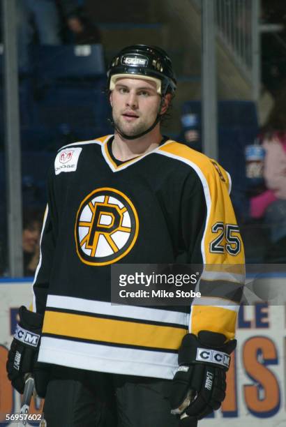 Mark Stuart of the Providence Bruins looks on during the game against the Bridgeport Sound Tigers at the Arena at Harbor Yard on February 4, 2006 in...