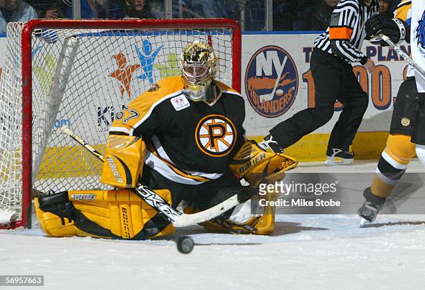 Goaltender Jordan Sigalet of the Providence Bruins guards the net during the game against the Bridgeport Sound Tigers at the Arena at Harbor Yard on...