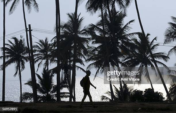 Traveler is silhouetted against the palm trees at Vagator Beach, Febraury 25, 2006 in the Indian resort of Goa. The tiny Indian state became known as...