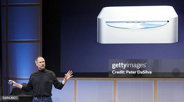 Apple CEO Steve Jobs introduces a new Mac Mini with Intel Core Duo processor desktop computer during a special Apple event on February 2006 in...