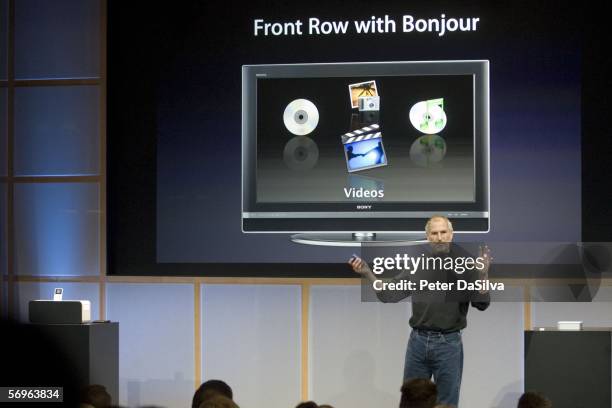 Apple CEO Steve Jobs introduces new Front Row & Bonjour software during a special Apple event February 28, 2006 in Cupertino, California. Along with...