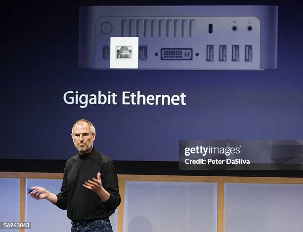 Apple CEO Steve Jobs introduces a new Mac Mini with Intel Core Duo processor desktop computer during a special Apple event February 28, 2006 in...