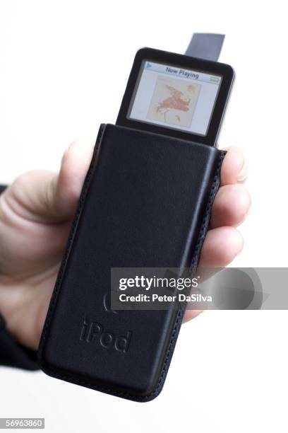 The new iPod leather case is displayed at a special Apple event February 28, 2006 in Cupertino, California. Along with the new iPod leather cases,...