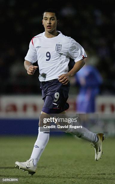 Theo Walcott of England moves forward during the under 19 International between England and Slovakia at The Sixfields Stadium on February 28, 2006 in...