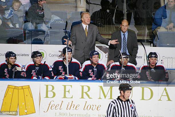 Head coach Jim Schoenfeld of the Hartford Wolf Pack reacts to a call during the game against the Bridgeport Sound Tigers at the Arena at Harbor Yard...