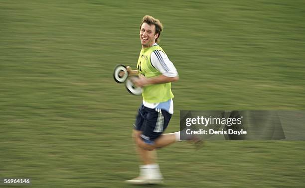 Antonio Cassano of Real Madrid runs with weights during a team training session at the Valdebebas grounds on February 28, 2006 in Madrid, Spain.