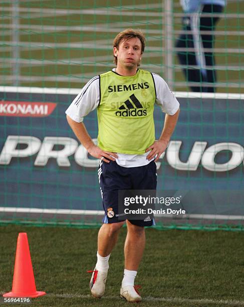 Antonio Cassano of Real Madrid takes a break during a team training session at the Valdebebas grounds on February 28, 2006 in Madrid, Spain.