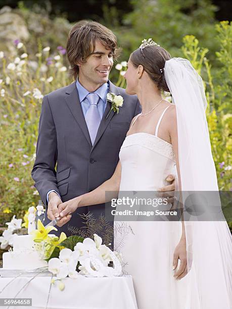 newlyweds cutting wedding cake - wedding cake cutting stockfoto's en -beelden