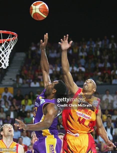 Darryl McDonald of the Kings contests the ball with Sedric Webber of the Kings during game three of the NBL grand final series between the Sydney...