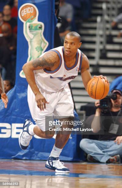 Caron Butler of the Washington Wizards dribbles against the Charlotte Bobcats on January 28, 2006 at the MCI Center in Washington, DC. The Wizards...