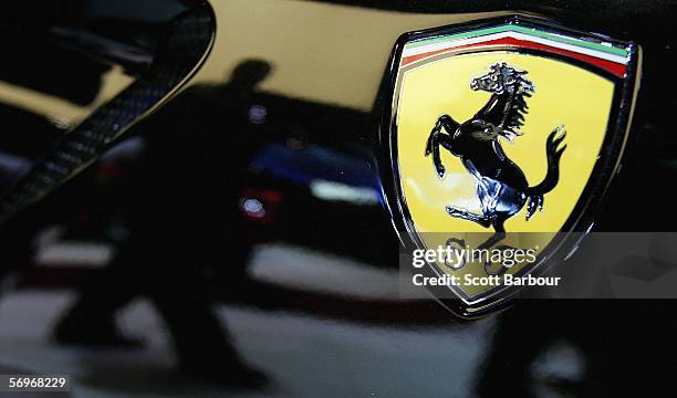 The Ferrari emblem is seen at the 76th Geneva International Motor Show on February 28, 2006 in Geneva, Switzerland. The show features World and...