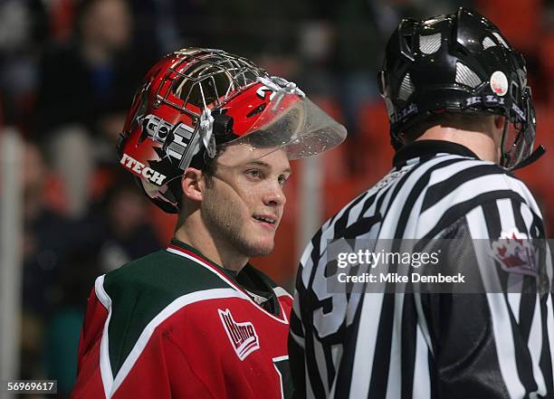 Jeremy Duchesne of the Halifax Mooseheads talks to an official during the game against the Rimouski Oceanic at the Halifax Metro Centre on January...