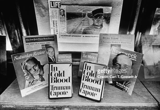 Window display at the Random House building for 'In Cold Blood,' the book written by American novelist, short story writer, and playwright Truman...