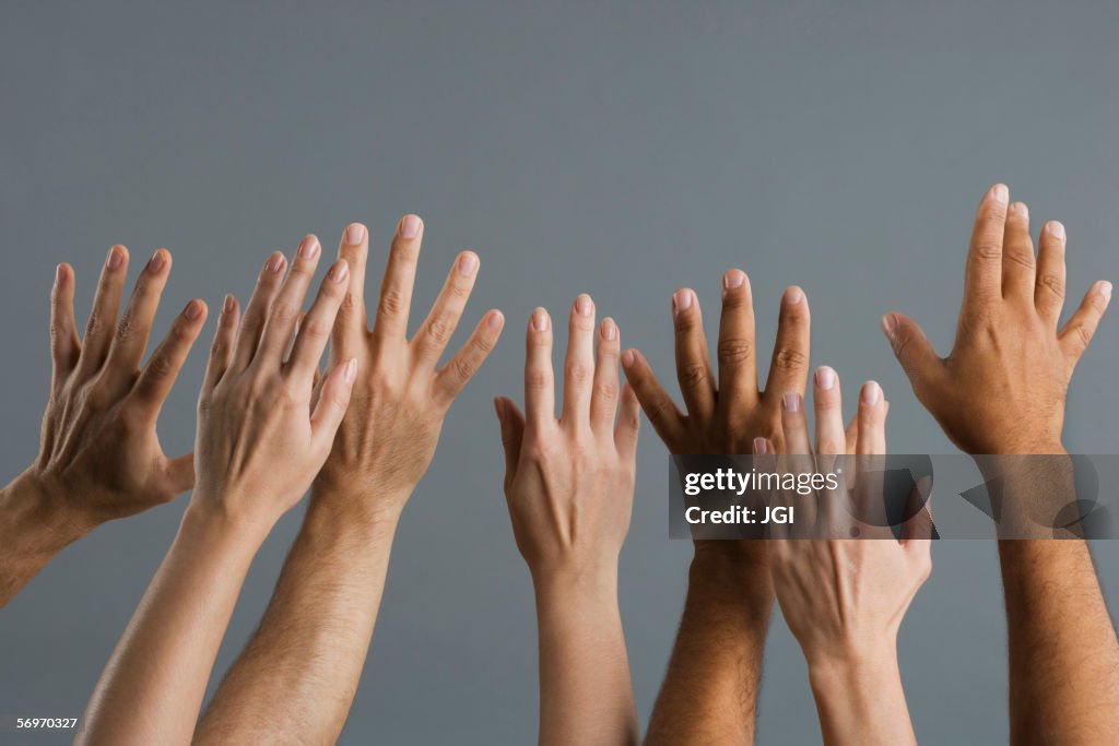 Close up of group of hands raised