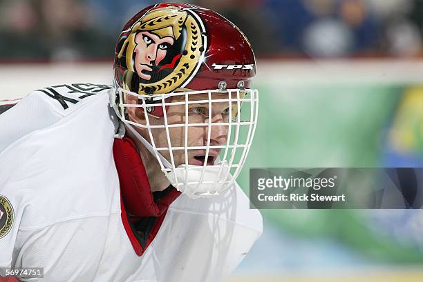 Dominik Hasek of the Ottawa Senators looks on against the Buffalo Sabres on February 4, 2006 at HSBC Arena in Buffalo, New York. The Sabres won 2-1...