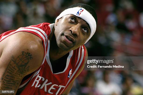 February 26: Tracy McGrady of the Houston Rockets looks up at the scoreboard during a break in the game against the Orlando Magic February 26, 2006...