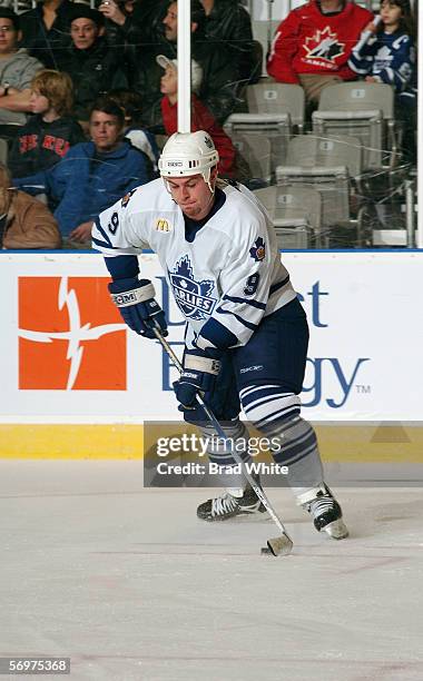 Brendan Bell of the Toronto Marlies handles the puck against the Peoria Rivermen at Ricoh Coliseum on February 3, 2006 in Toronto, Ontario, Canada....