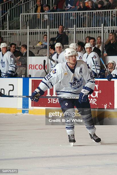 John Pohl of the Toronto Marlies skates against the Peoria Rivermen at Ricoh Coliseum on February 3, 2006 in Toronto, Ontario, Canada. The Rivermen...