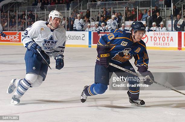 Aaron MacKenzie of the Peoria Rivermen skates against Bates Battaglia of the Toronto Marlies at Ricoh Coliseum on February 3, 2006 in Toronto,...