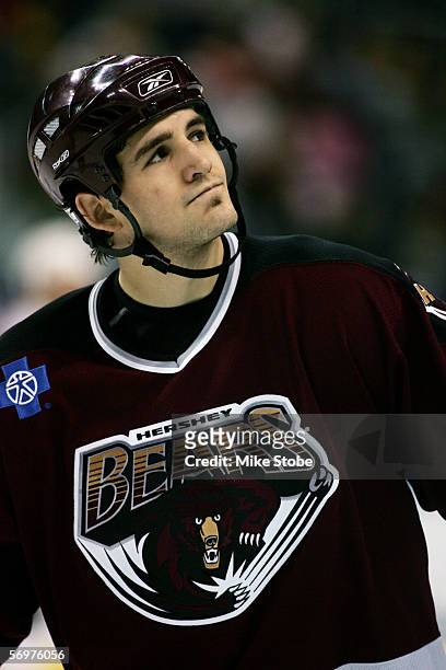 Boyd Gordon of the Hershey Bears looks on against the Bridgeport Sound Tigers at the Arena at Harbor Yard on December 7, 2005 in Bridgeport,...