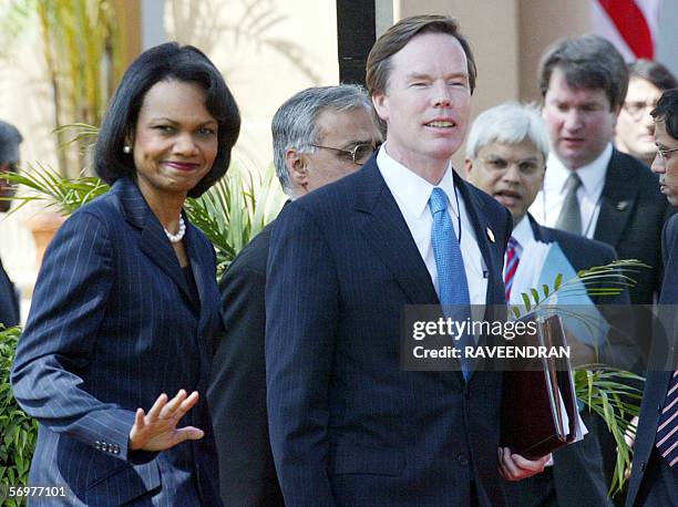 Secretary of State Condoleezza Rice and US Under Secretary of State Nicholas Burns arrive at the Hyderabad House to attend a meeting with US...