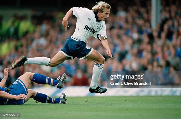 German footballer Jürgen Klinsmann in action for Tottenham Hotspur against Leicester City in a Premier League match at Filbert Street, Leicester,...