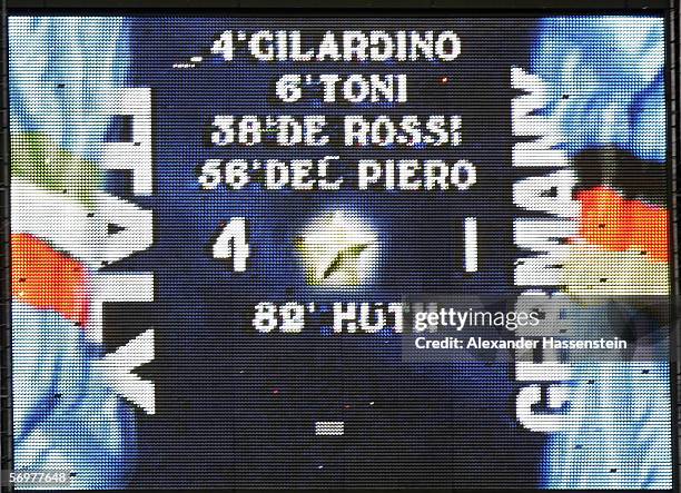 The scoreboard seen after the international friendly match between Italy and Germany at the Artemio Franchi Stadium on March 1, 2006 in Florence,...