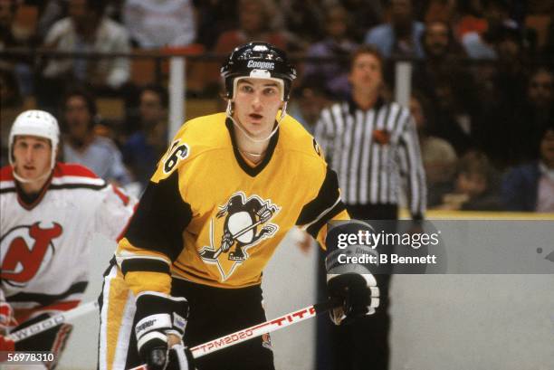 Canadian hockey player Mario Lemieux of the Pittsburgh Penguins on the ice during a road game against the New Jersey Devils, East Rutherford, New...