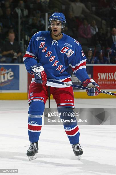 Mark Fraser of the Kitchener Rangers eyes the play against the London Knights during the OHL game on January 8, 2006 at the John Labatt Centre in...