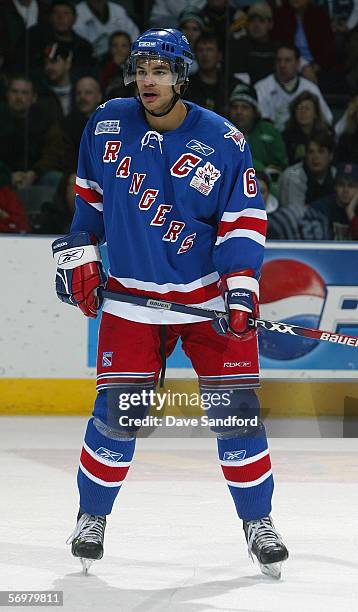 Mark Fraser of the Kitchener Rangers eyes the play against the London Knights during the OHL game on January 8, 2006 at the John Labatt Centre in...