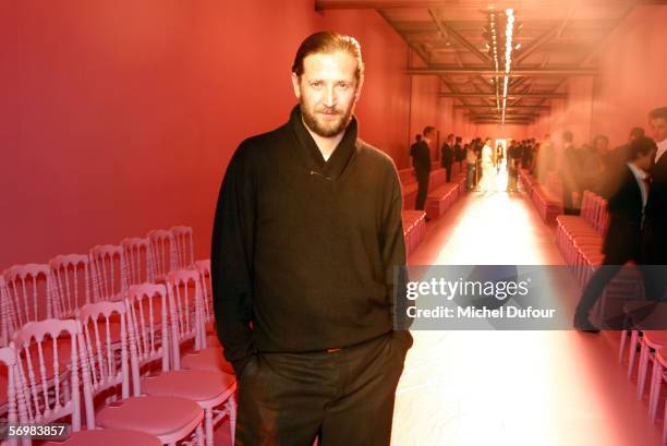 Stefano Pilati are seen backstage at the Yves Saint Laurent fashion show as part of Paris Fashion Week Autumn/Winter 2006/7 on March 2, 2006 in...