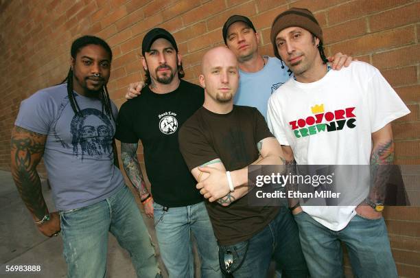 Members of Sevendust, singer Lajon Witherspoon, guitarist John Connolly, bassist Vince Hornsby, guitarist Sonny Mayo and drummer Morgan Rose, pose...