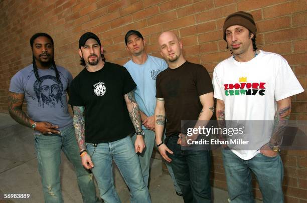Members of Sevendust, singer Lajon Witherspoon, guitarist John Connolly, bassist Vince Hornsby, guitarist Sonny Mayo and drummer Morgan Rose, pose...