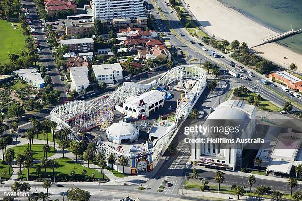 An aerial view of the Luna Park and the Palais in the suburb of St Kilda as seen December 23, 2005 in Melbourne, Australia. The theme park is part of...