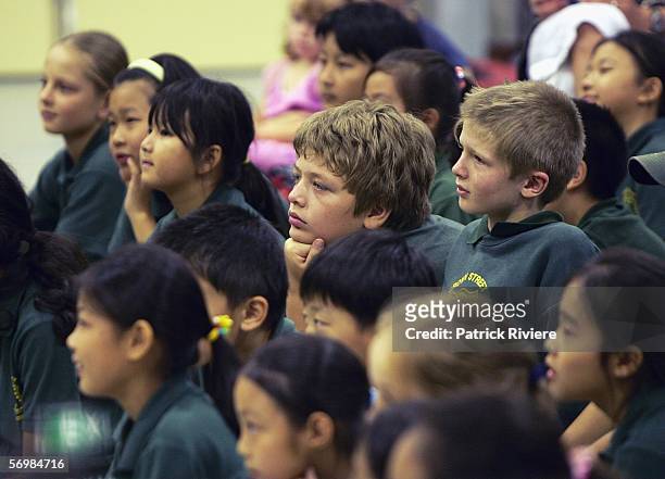 Children from the Crown Street Primary listen and watch a performance during the OzOpera tour launch for Humperdinck's "Hansel and Gretel" at The...