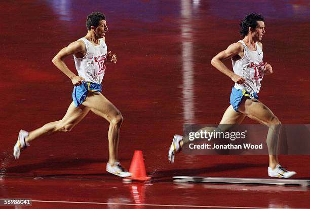 Paul Hamblyn of New Zealand and Youcef Abdi of New South Wales in action during the mens 1500 metres during the Telstra A Series on March 3, 2006 at...