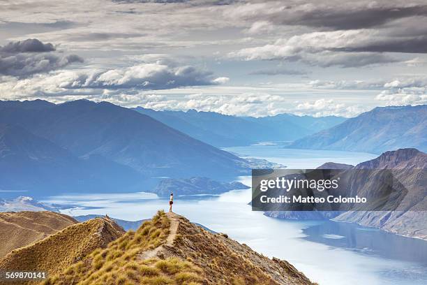 tourist looking at lake wanaka from high point - wanaka imagens e fotografias de stock