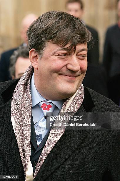 Comedian Stephen Fry leaves after a memorial service for Ronnie Barker at Westminster Abbey on March 3, 2006 in London, England. Some of the...