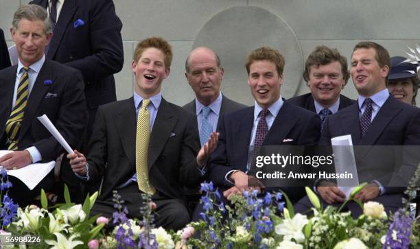 Prince Charles, Prince of Wales, Prince William and Prince Harry sit with Lord Stirling, Chairman of the Golden Jubilee Weekend Trust, Stephen...