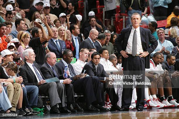 Head coach Pat Riley of the Miami Heat looks on against the San Antonio Spurs during the game on January 20, 2006 at American Airlines Arena in...