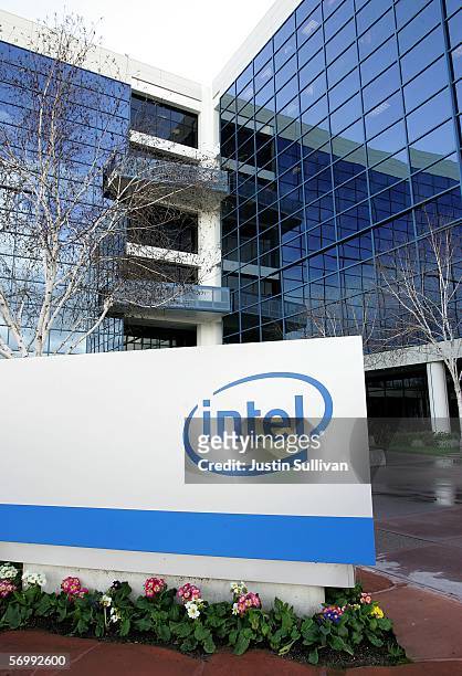 The Intel logo is seen on a sign at company headquarters March 3, 2006 in Santa Clara, California. Intel, the world's largest semiconductor company,...