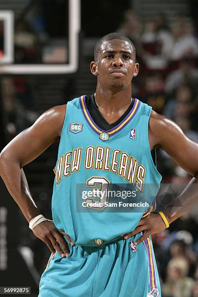 Chris Paul of the New Orleans/Oklahoma City Hornets looks on during a game against the Portland Trail Blazers on February 26, 2006 at the Rose Garden...