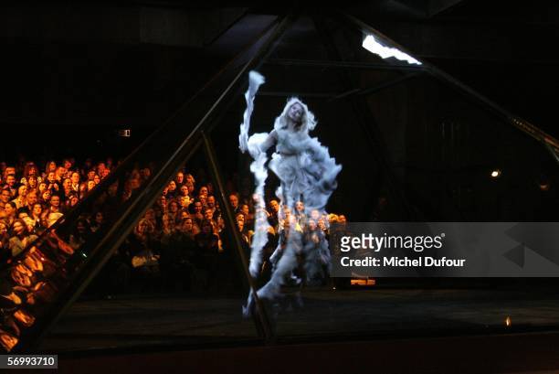 Hologram of model Kate Moss on the catwalk at the Alexander McQueen fashion show at Paris Fashion Week Autumn/Winter 2006/7 on March 3, 2006 in...