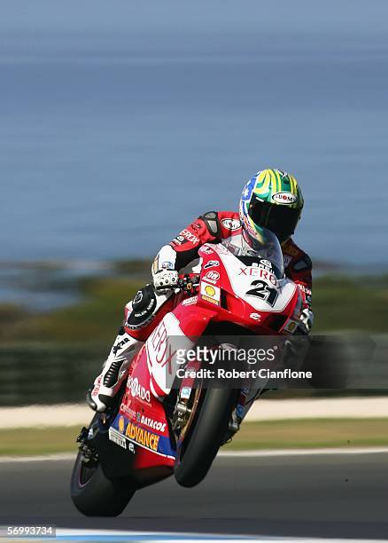 Troy Bayliss of Australia and the Ducati Xerox Team in action during practice for round two of the 2006 Superbike World Championship at the Phillip...