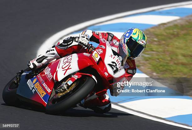 Troy Bayliss of Australia and the Ducati Xerox Team in action during practice for round two of the 2006 Superbike World Championship at the Phillip...