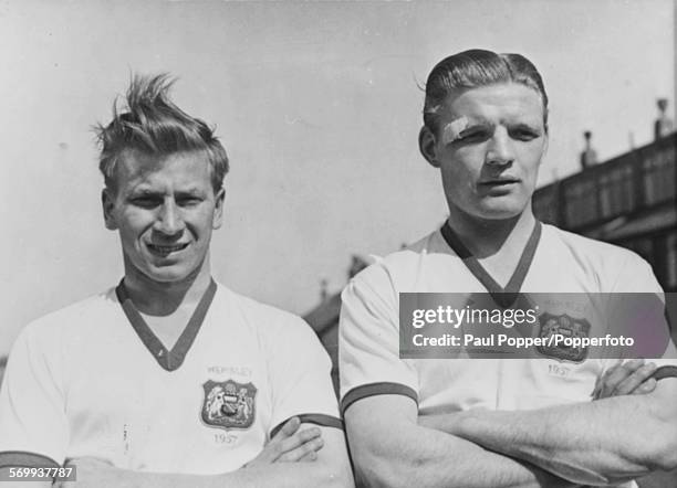 Portrait of Manchester United football players and 'Busby Babes' Mark Jones and Bobby Charlton pictured together circa 1957. Mark Jones would go on...