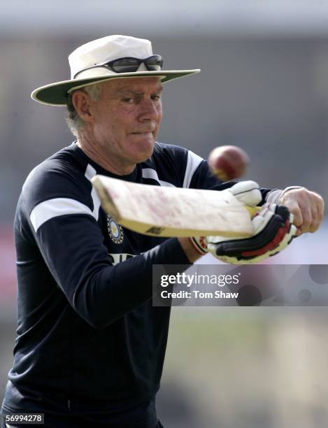 Indian coach Greg Chappell during the warm up during day four of the First Test between India and England at the VCA Stadium on March 4, 2006 in...