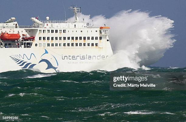 The inter-island ferry Kaitaki hits heavy seas as it leaves Wellington harbour on its way to Picton March 04, 2006 in Wellington, New Zealand. Gale...