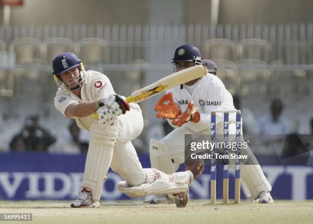 Kevin Pietersen of England hits out during day four of the First Test between India and England at the VCA Stadium on March 4, 2006 in Nagpur, India.